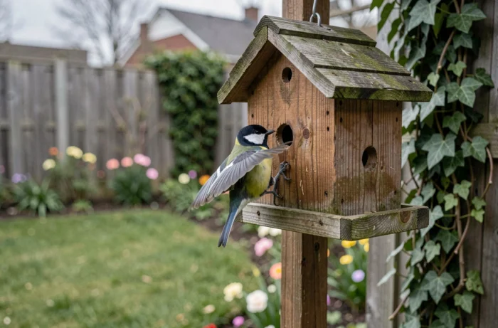 Mésange charbonnière accrochée à une mangeoire en bois dans un jardin de banlieue au printemps