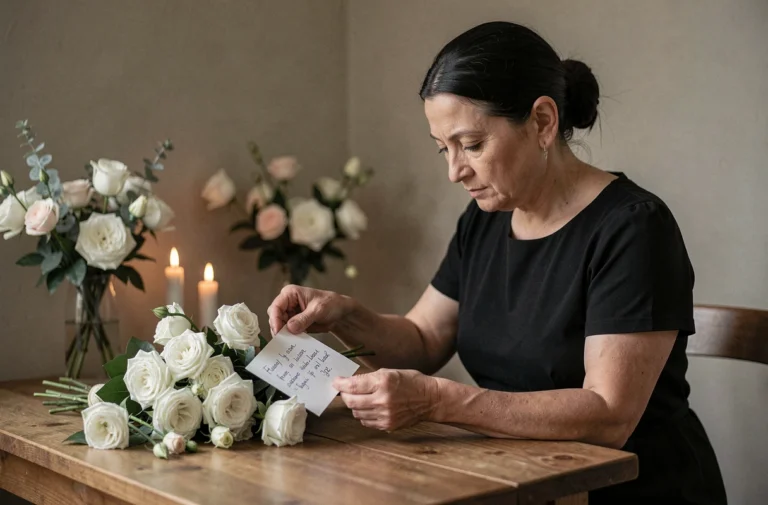 Femme posant une carte de condoléances parmi des fleurs blanches lors d'un enterrement