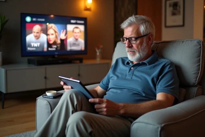 Un homme parcourant l'application Molotov TV sur une tablette affichant la grille des chaînes TNT gratuites en direct et replay