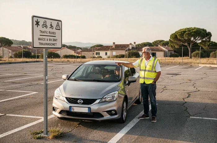 Moniteur de conduite expliquant le code de la route à un élève dans un parking d'entraînement à Rognac