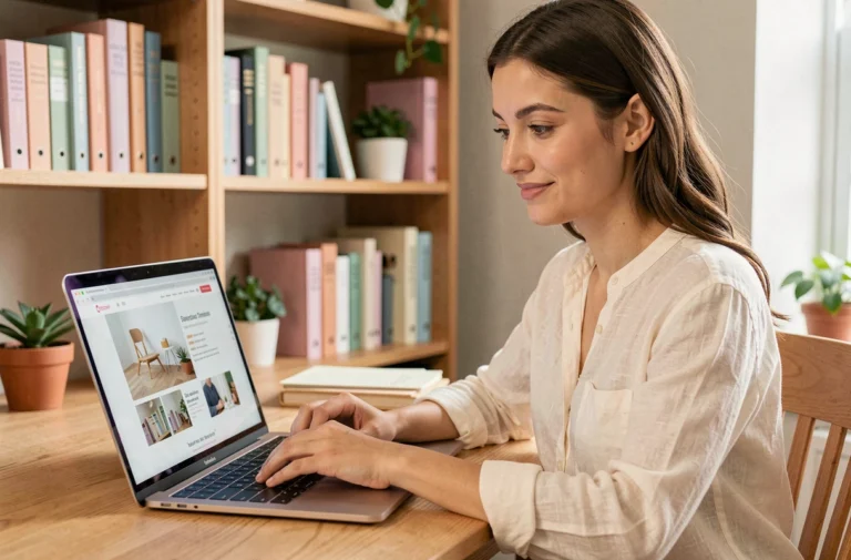 Jeune femme naviguant sur un site web bien organisé depuis un bureau en bois à domicile