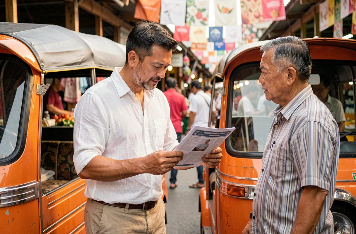 Touriste occidental négociant l'achat d'un tuk-tuk d'occasion avec un vendeur thaïlandais dans un marché en plein air