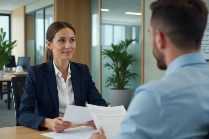 Femme professionnelle négociant son salaire avec un manager dans un bureau moderne, documents de la convention 66 sur la table