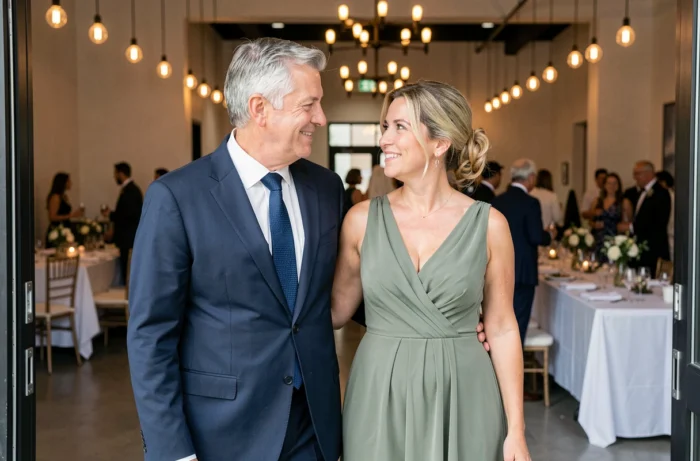 Parents du marié en tenue de cérémonie échangeant un regard ému à l'entrée d'une salle de réception de mariage contemporaine