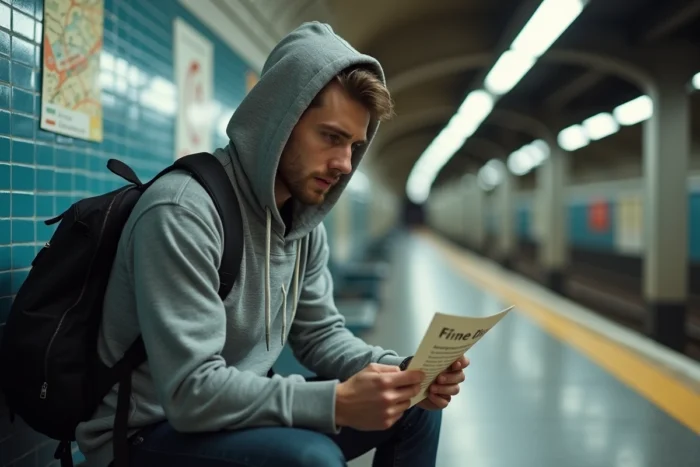 Jeune homme lisant une amende RATP reçue lors d'un contrôle dans le métro parisien