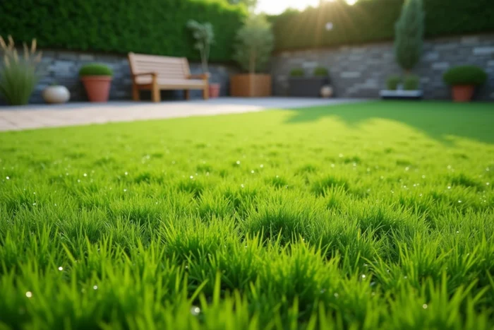 Pelouse nouvellement semée avec de jeunes pousses de gazon couvertes de rosée dans un jardin résidentiel