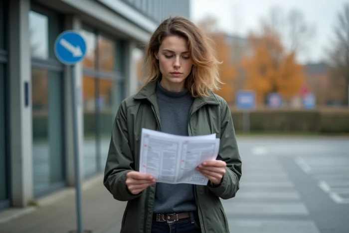 Femme étudiant la théorie du code de la route devant un centre d'examen allemand TÜV en automne
