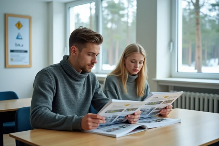 Étudiants en auto-école finlandaise révisant les panneaux de signalisation dans une salle de cours minimaliste scandinave