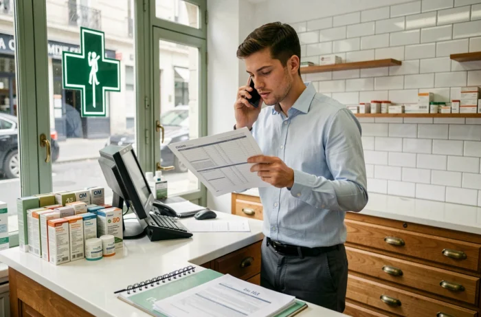 Farmacista parigino che verifica una checklist di trasferimento di fascicolo dal bancone della sua farmacia