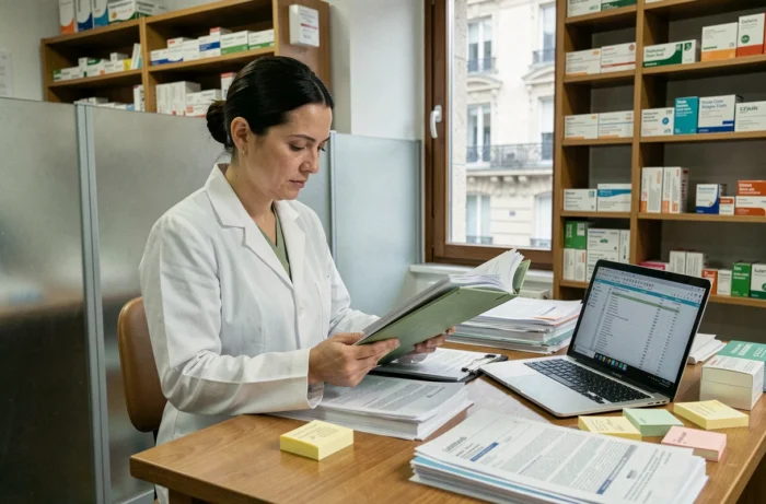 Pharmacienne parisienne étudiant un dossier de transfert administratif dans l'arrière-boutique d'une pharmacie