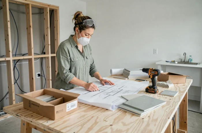Mujer consultando planos arquitectónicos en una cocina en plena renovación con materiales y herramientas visibles