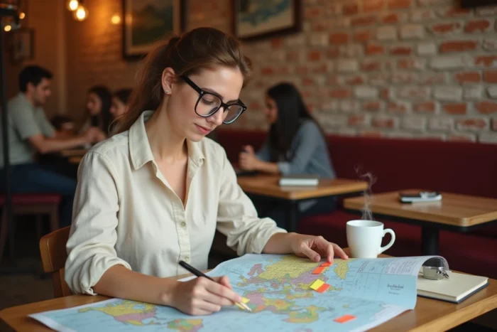 Femme planifiant un voyage autour du monde avec une carte et un carnet dans un café européen