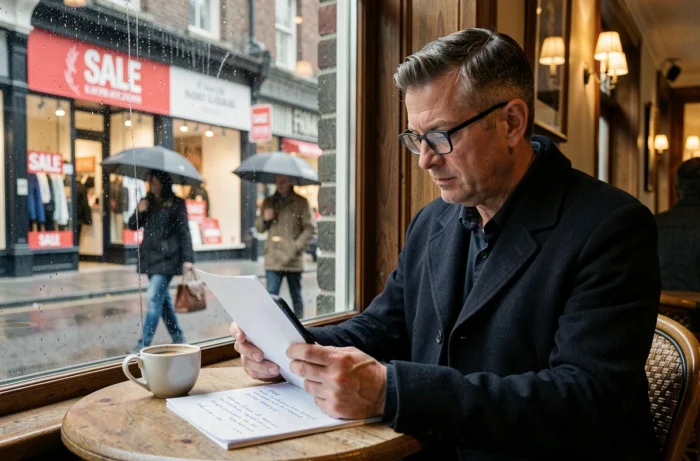 Homme planifiant ses achats pendant les soldes à Londres depuis un café avec liste et smartphone
