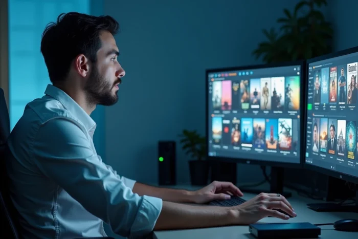 Un homme utilisant l'agrégateur Plex sur un bureau multi-écrans affichant une bibliothèque de films et séries organisée
