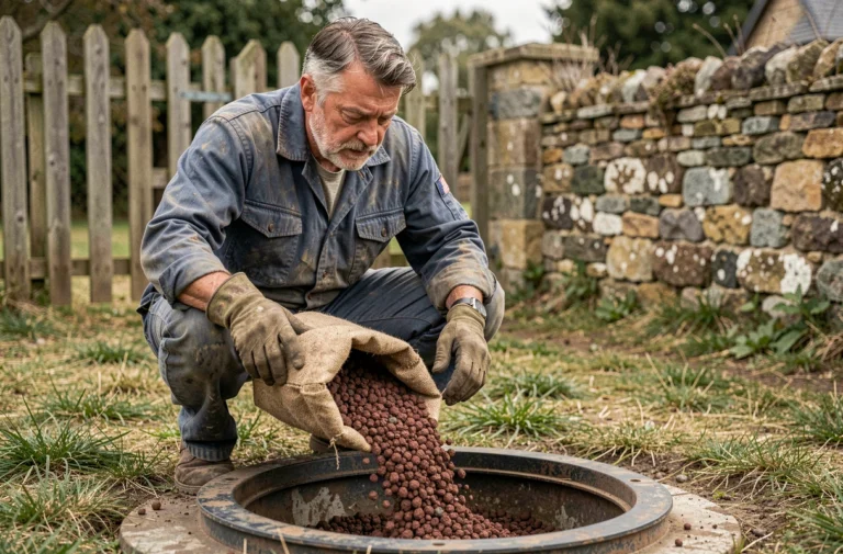 Plombier versant de la pouzzolane dans une fosse septique en milieu rural