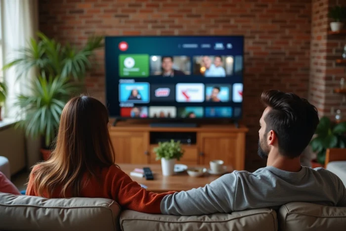 Un couple regardant Pluto TV sur leur télévision avec la grille des chaînes thématiques de streaming linéaire visible à l'écran