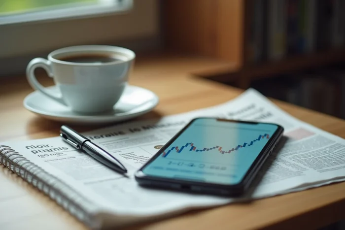 Téléphone affichant un portefeuille boursier et journal financier français sur un bureau pour analyser un investissement en Vivendi