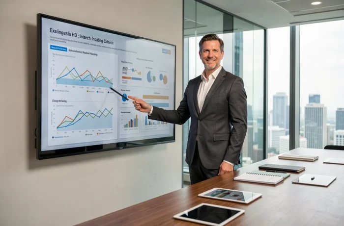 Businessman presenting digital innovations and online trends on a large touchscreen in a meeting room