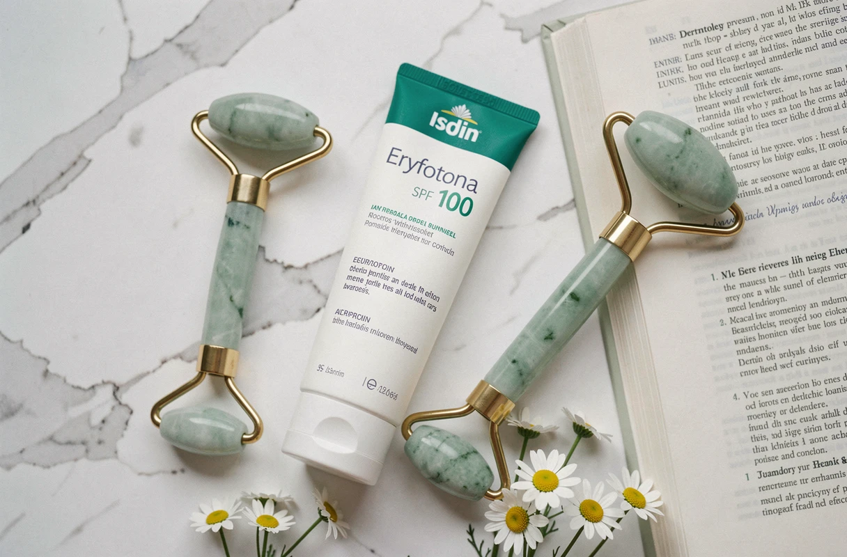Présentation éditoriale de la crème solaire Isdin SPF 100 sur marbre blanc avec accessoires dermatologiques