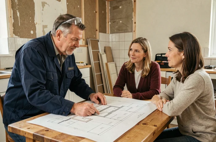 Artisan expérimenté en discussion avec un couple de propriétaires autour de plans de rénovation dans une cuisine en travaux