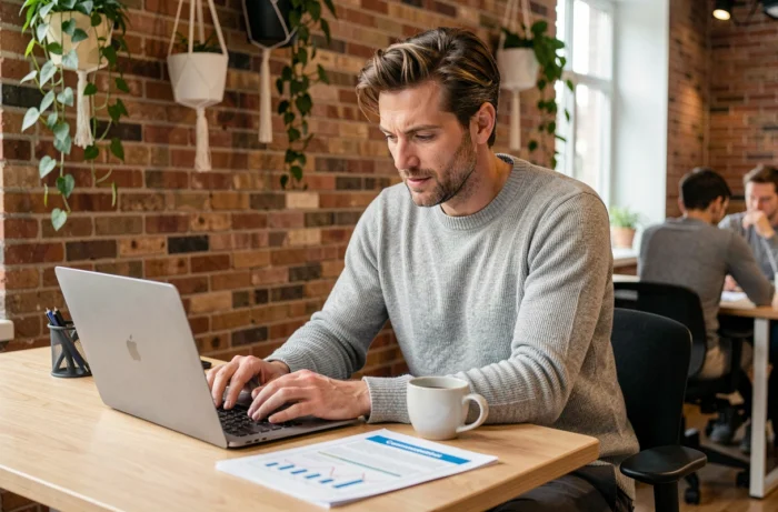 Professionnel travaillant seul sur une stratégie de communication digitale dans un espace de coworking moderne