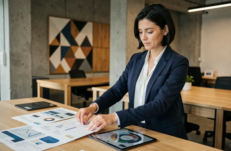 Professionnelle créative analysant des maquettes de décoration et des services Dekortikon dans un bureau moderne