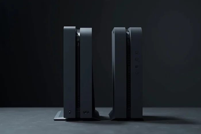 Gros plan sur les profils et l'épaisseur de la PS4 Fat et de la PS4 Slim en position verticale sur une surface en ardoise