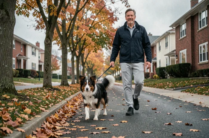 Hombre paseando a su border collie con correa en una acera en otoño, cuidado diario del perro