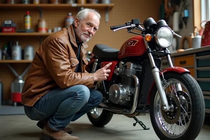 Propriétaire passionné inspectant le moteur d'une Suzuki GT 750 dans son garage personnel