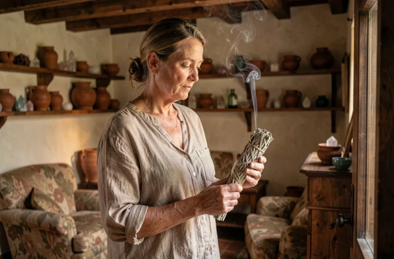 Femme faisant une purification de maison avec un bâton de sauge blanche dans un salon rustique