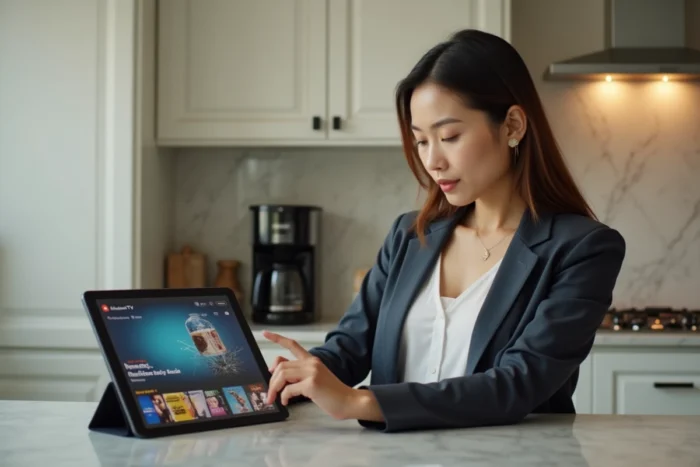 Une femme consultant l'interface Rakuten TV Free sur une tablette posée sur un plan de travail de cuisine moderne