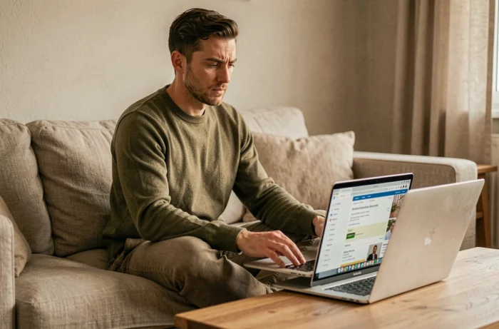 Personne consultant des offres d'emploi en ligne sur un ordinateur portable depuis son salon