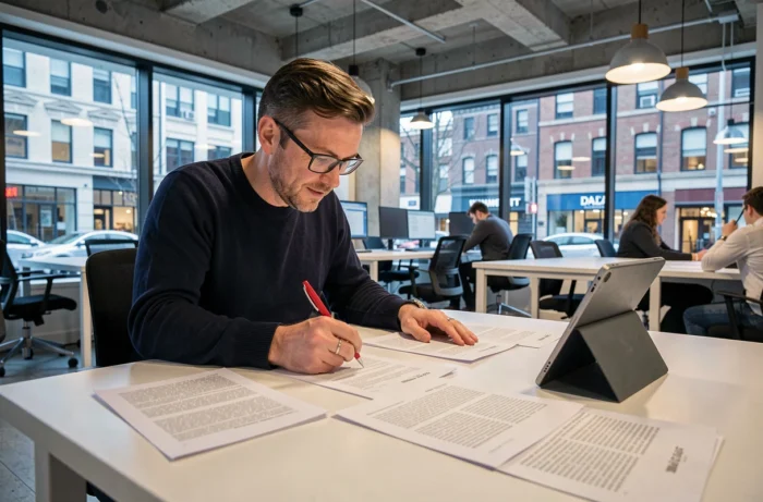 Rédacteur masculin annoter des brouillons d'articles imprimés dans un espace de coworking moderne avec vue urbaine
