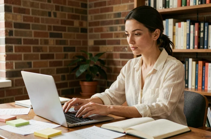 Femme rédactrice concentrée sur son ordinateur portable avec des notes manuscrites éparpillées sur un bureau en bois, dans un bureau à domicile chaleureux