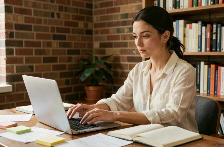 Femme rédactrice concentrée sur son ordinateur portable avec des notes manuscrites éparpillées sur un bureau en bois, dans un bureau à domicile chaleureux