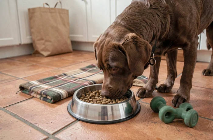 Perro labrador comiendo de su plato en una cocina familiar, rutina alimentaria y cuidado del perro