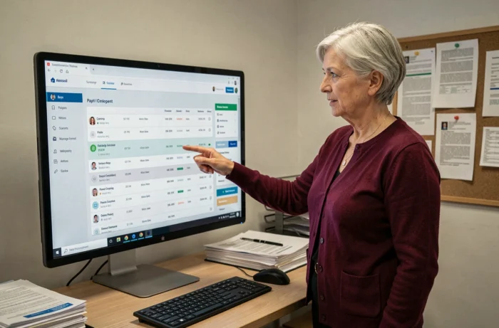 Responsable RH présentant l'interface de gestion des fiches de paie Arkevia sur un écran d'ordinateur de bureau en entreprise