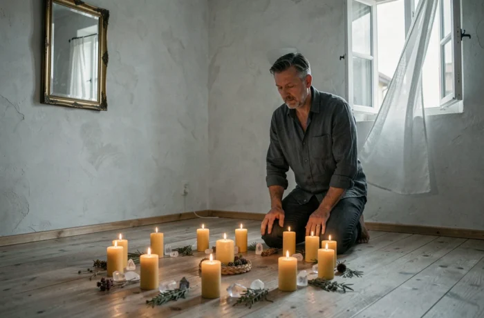 Homme réalisant un rituel de protection spirituelle avec des bougies et des cristaux dans une chambre calme