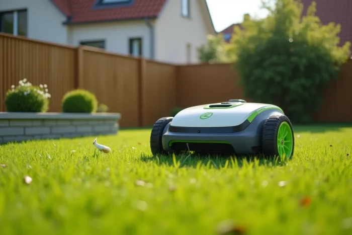 Robot tondeuse Parkside Lidl en action dans un jardin pavillonnaire européen avec pelouse fraîchement tondue