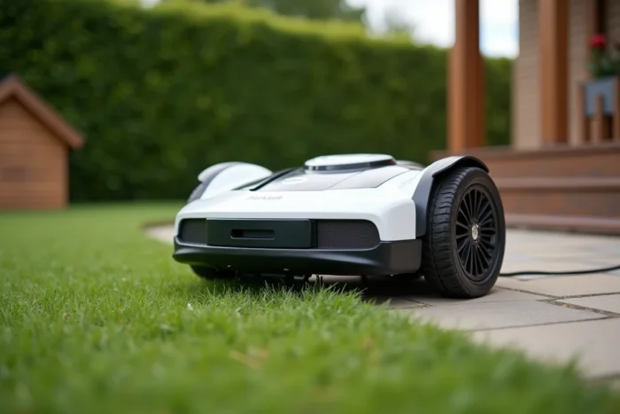 Robot tondeuse Parkside sur sa station de charge dans un patio de jardin avec vue sur la pelouse