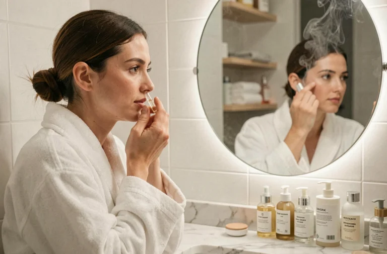Femme appliquant un sérum sur son visage devant un miroir de salle de bain dans le cadre d'une routine beauté matinale