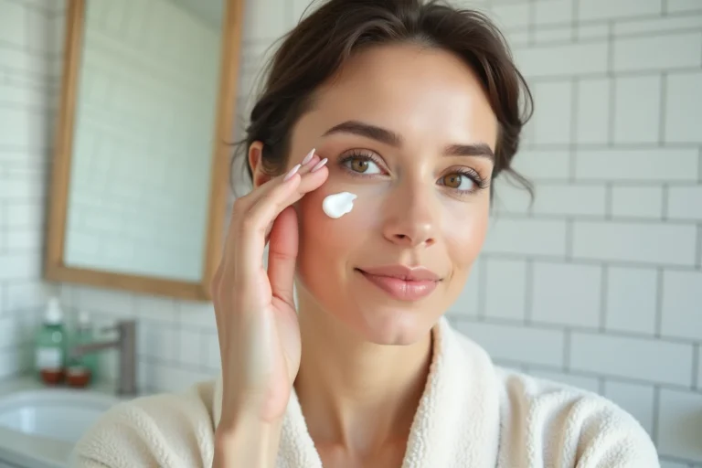 Femme appliquant de la crème hydratante dans une salle de bain minimaliste pour sa routine beauté quotidienne