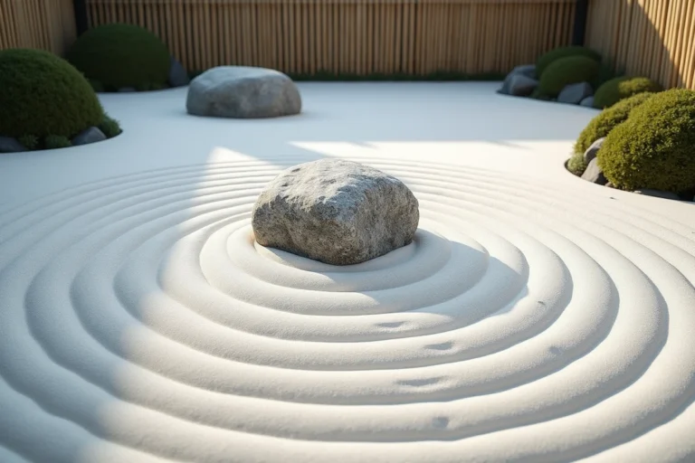 Jardin zen japonais avec sable blanc ratissé en motifs circulaires autour d'une pierre granitique, entouré de mousse et d'une clôture en bambou