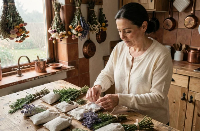 Femme préparant des sachets d'herbes protectrices contre les mauvaises énergies dans une cuisine rustique