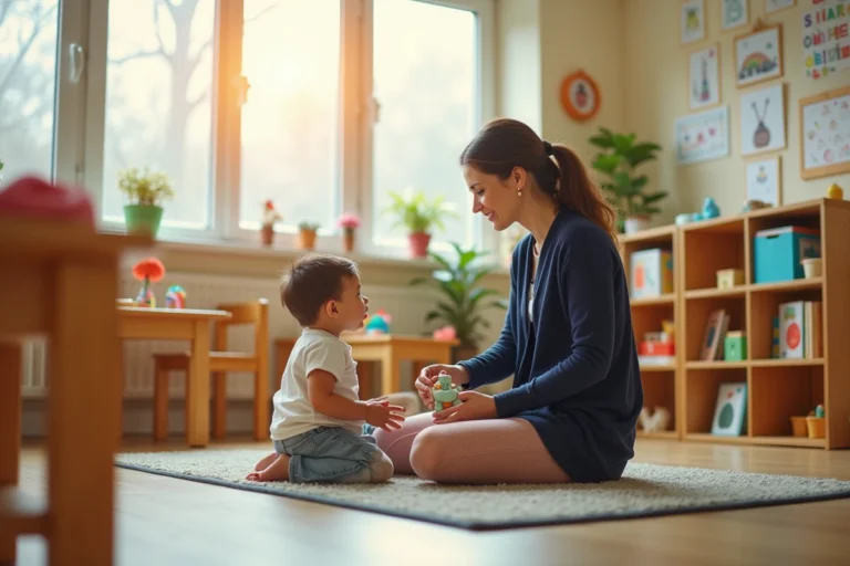 Éducatrice bienveillante interagissant avec des jouets dans une salle de crèche chaleureuse et colorée