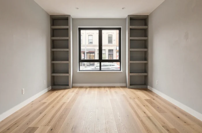 Salón completamente renovado con parquet de roble claro, paredes pintadas de gris y estanterías de hormigón moderno