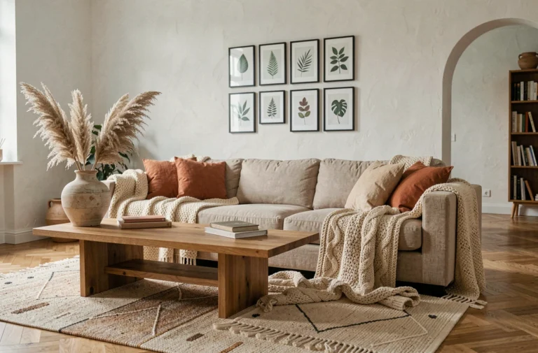 Salon scandinave moderne avec canapé en lin, tapis en laine géométrique et décoration en céramique artisanale pour les tendances déco 2024