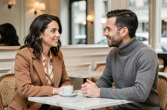 Couple détendu discutant dans un café parisien, représentant la relation de Samantha de Bendern et son compagnon qui captive les réseaux sociaux
