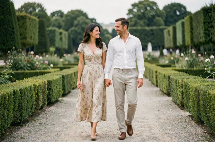 Couple se promenant main dans la main dans un jardin parisien, image symbolisant l'attrait des internautes pour la vie amoureuse de Samantha de Bendern