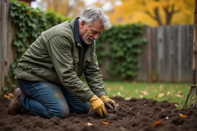 Homme semant des graines de gazon à la main sur un sol fraîchement préparé dans un jardin en automne